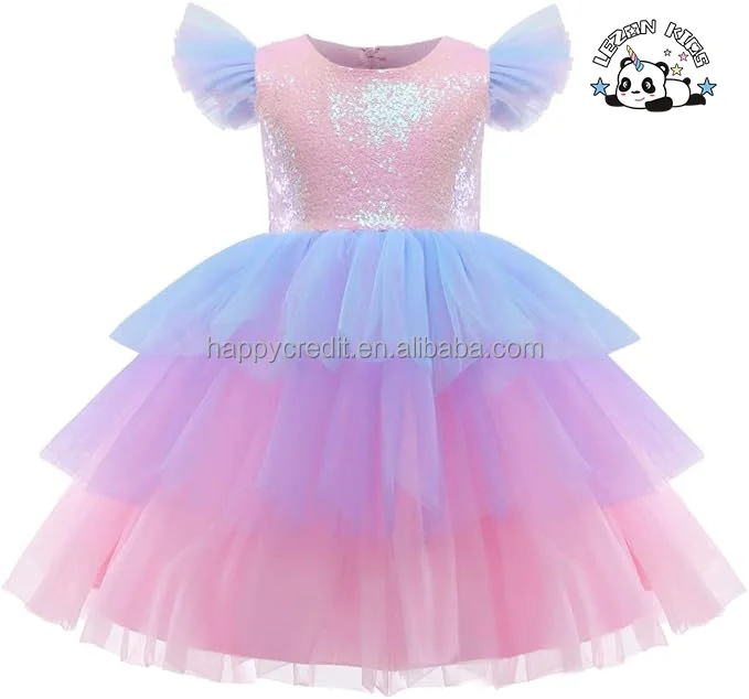 LEZONKIDS - Vestidos de festa e casamento personalizados com lantejoulas rosa para crianças com babados e renda para meninas de 7 anos